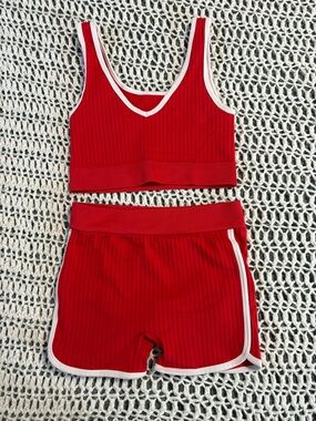 No Boundaries Red Athletic Shorts Set with White Trim